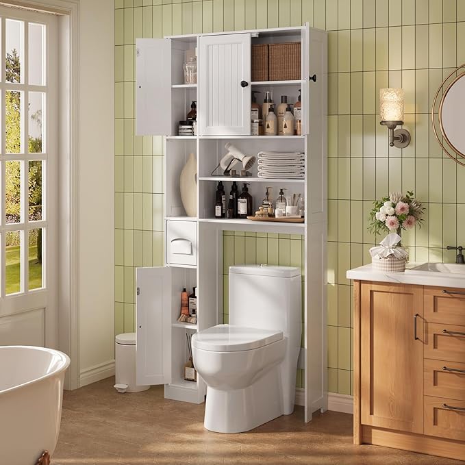 Ahomly Over The Toilet Storage Cabinet with Adjustable Shelves and Five Doors, Over Toilet Bathroom Organizer, Above Toilet Storage Cabinet with Open Shelves for Bathroom, Restroom, Laundry, White