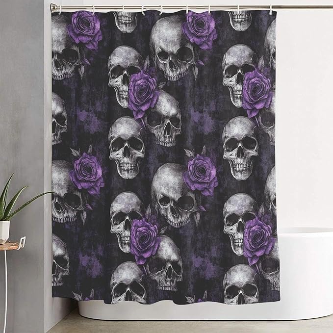 Gothic Skull Bathroom Set, 4-Piece with Shower Curtain 71x71, Bath Mat, Contour Rug, Toilet Lid Cover, Purple Roses Skull Pattern(Purple 2)