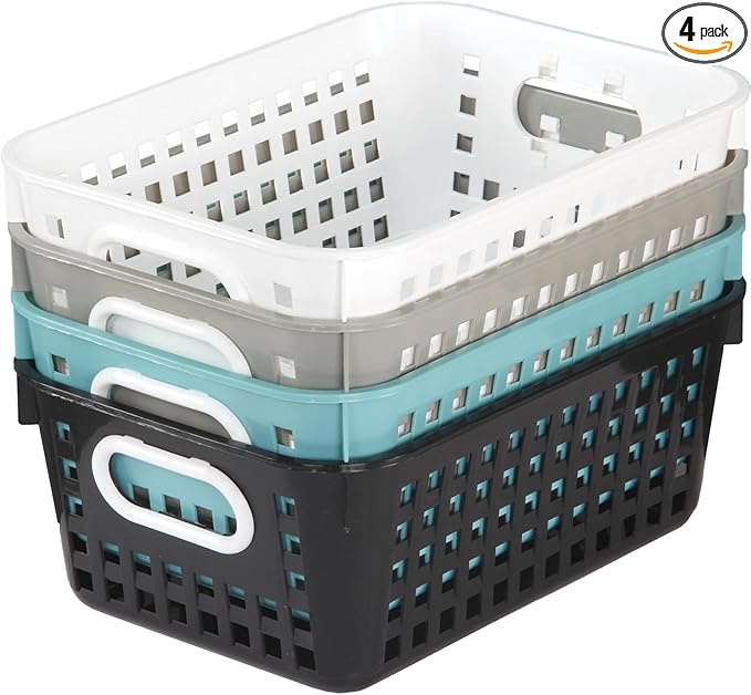 Really Good Stuff Medium Plastic Book Baskets, 11" x 7.5" x 4.5", 4 Pack, Neutral Group Colors, Versatile Storage Solution for Classroom, Home, and Office, Toy Storage, Multi-Purpose