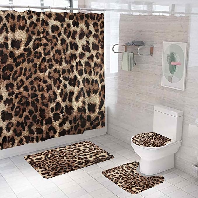 4PCS Black Brown Leopard Print Shower Curtain Sets With Rugs, Waterproof Fabric Shower Curtain, African Wildlife Wild Animal Safari Skin Powerful Cheetah Cat Panthera Fur Modern Bathroom Decor