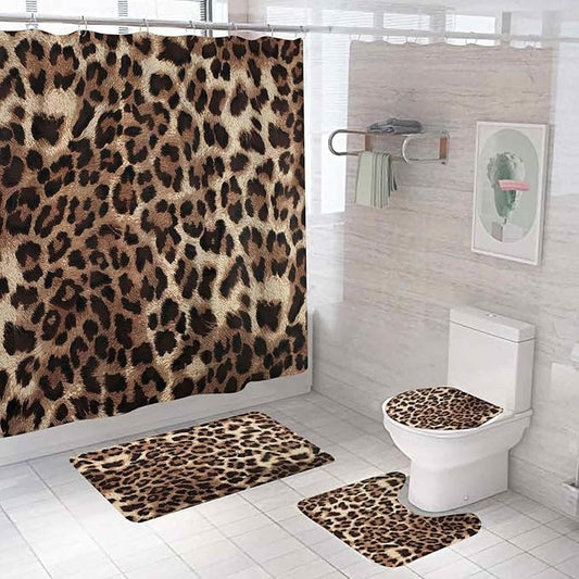 4PCS Black Brown Leopard Print Shower Curtain Sets With Rugs, Waterproof Fabric Shower Curtain, African Wildlife Wild Animal Safari Skin Powerful Cheetah Cat Panthera Fur Modern Bathroom Decor