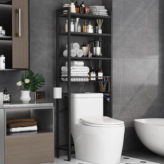 Over-The-Toilet Storage Rack, 4-Tier Bathroom Organizer Shelf Over Toilet with Adjustable Shelf and Basket, Freestanding Space Saver Bathroom Shelves Above Toilet for Room (Pure Black)