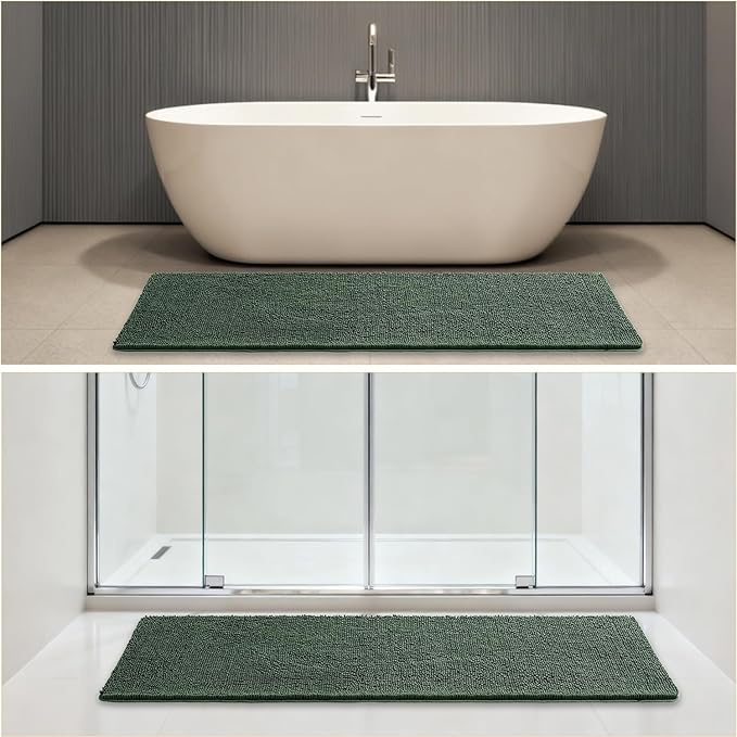 Hunter Green Bathroom Rugs 24"x72" - Long Plush Chenille Non-Slip Runner Bath Mat - Absorbent, Washable, Soft Decor for Shower, Sink, Tub, Kitchen, Floor, Home Accessories