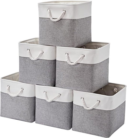 13 x 13 Inch Storage Cubes,6 Pack Cube Storage Bins for Shelves，Fabric Collapsible Storage Bins with Handles, Foldable Storage Basket for Organizing Clothes, Toys, Books (White&Gray)