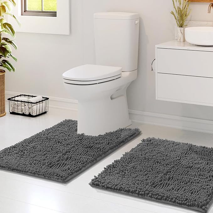 Hearth & Harbor Bathroom Rugs, Chenille Bath Mat - Machine Washable Bath Mats for Bathroom Non-Slip Backing Rubber, Quick Dry Bathroom Mat - Grey 17x24-20x24