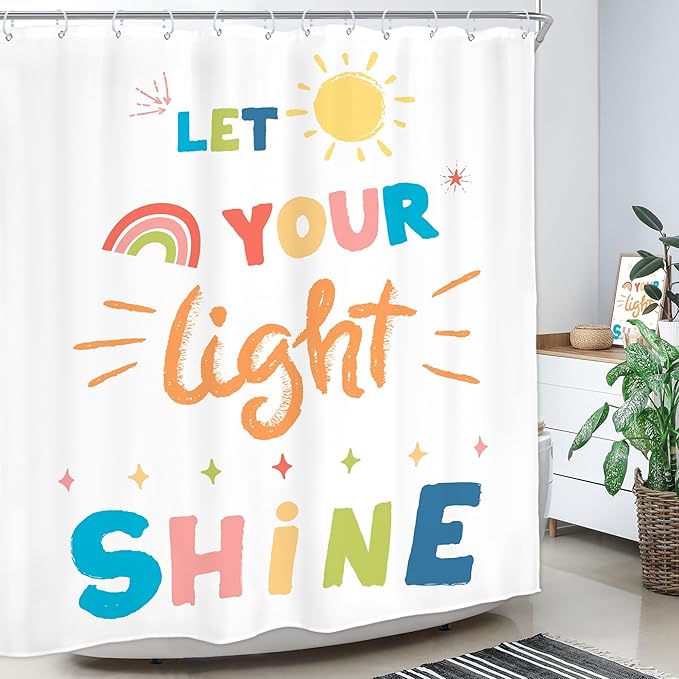 Homewelle Kids Inspirational Quotes Shower Curtain Colorful Let You Light Shine Motivational Positive Cartoon Cute Rainbow Sun 60Wx72H Inch for Teens Girls Waterproof Polyester Fabric Bathroom Bathtub