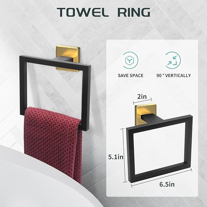 7-Piece Bathroom Set - Black & Gold Accessories Set - Square Towel Bar 2x23'', Hand Towel Rack, Toilet Paper Holder, 3x Towel Hook, Bathroom Hardware