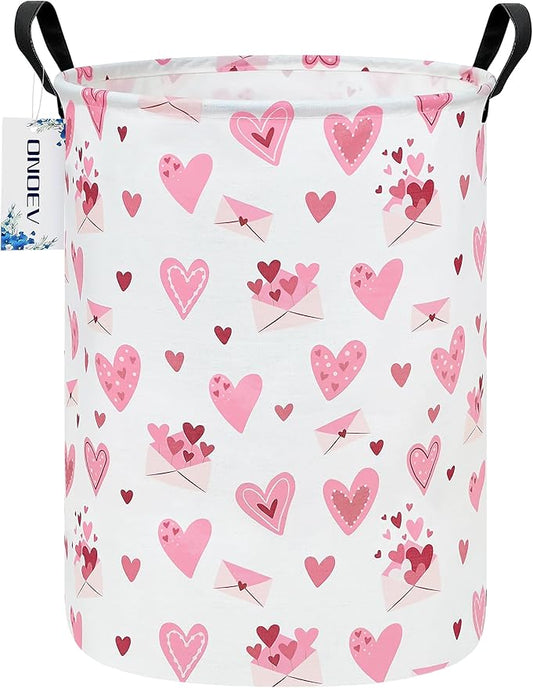Round waterproof laundry basket,laundry Hampers with handle,gift basket,suitable for children's room and toy storage (Pink Love)