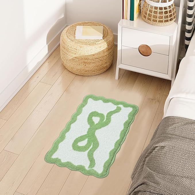 Green Bow Bath Mat - Scalloped Bow Bathroom Rug Easter Spring Room Decor Microfiber Bath Mat Water Absorbent Non Slip Shower Carpet Girls Bedroom Aesthetic Preppy Rug (Green, 16" x 24")