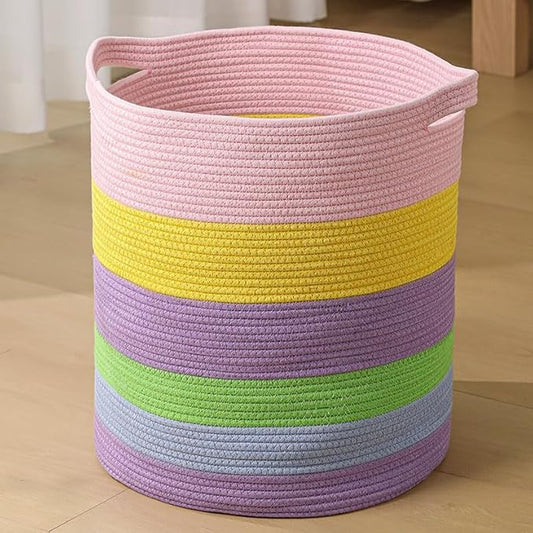 laundry hamper 18x18x20, 80L – large basket for blankets,toy basket Cotton Rope Blanket Basket Living Room, Baby Laundry hamper for Blanket, Nursery, –stuffed animal storage(Pink Rainbow)