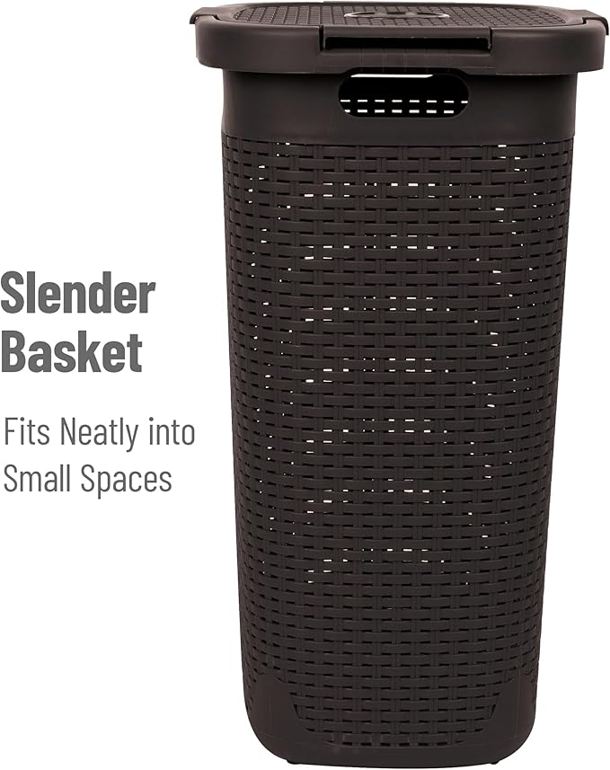 Mind Reader Slim Laundry Hamper with Lid, 60L Clothes Baskets, Premium Wicker Design, Plastic, 2-Pack, Brown