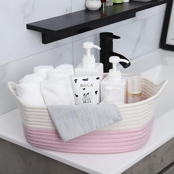 ABenkle Small Storage Basket with Handles, Cotton Rope Woven Dog Cat Toy Bin, Decorative Shelves Closet Organizing for Nursery Laundry Bedroom Bathroom, 14.2''x 11''x 5.1''
