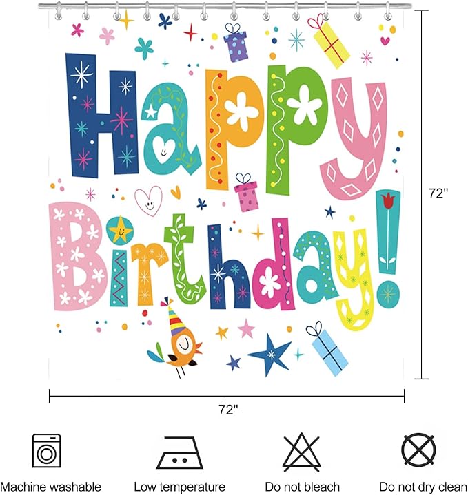 Happy Birthday Shower Curtain Kids Birthday Party Rainbow Shower Curtains for Bathroom Waterproof Polyester Fabric Bathroom Curtain 72 x 72 Inch with 12 Plastic Hooks