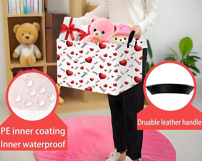 Large Valentine's Day Basket Heart Shaped Storage Bin for Gifts Collapsible Organizer Room Decor (3D Love)