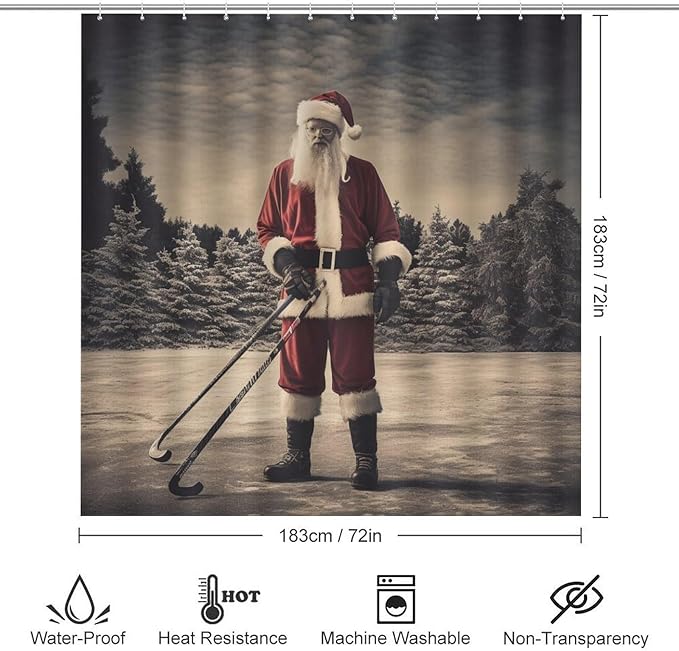 4 Piece Shower Curtain Sets Shower Curtain and Rugs Shower Curtain Set Santa Claus Playing Hockey Ice Skate Sport Durable and Waterproof Hockey Player for Bathroom Decor