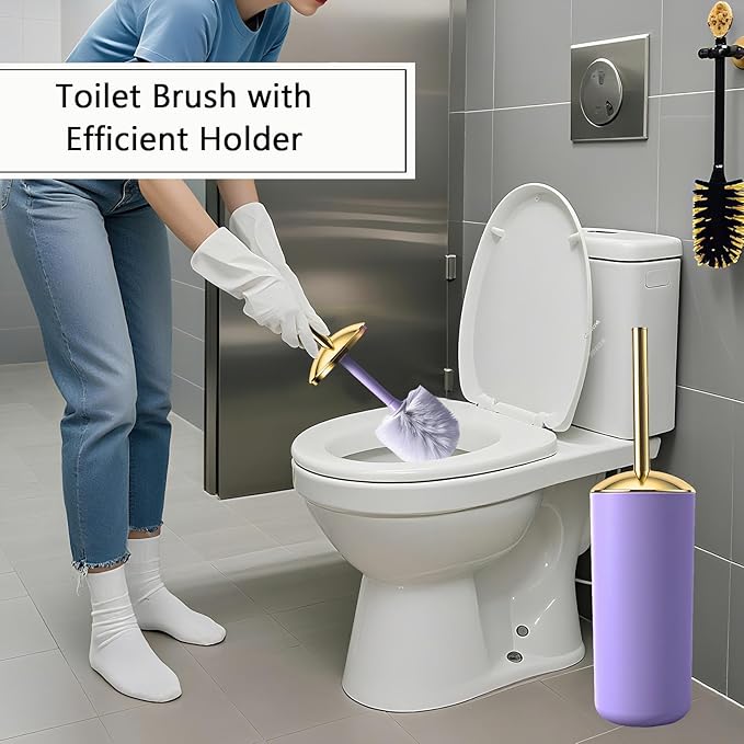 9 Pieces Purple Bathroom Accessories Set Gorgeous Gold Bathroom Set, Trash Can, Toilet Brush, Soap Dispenser, Toothbrush Holder, Soap Dish, Tumber, Qtip Holder, Tray, Sink Countertop Set