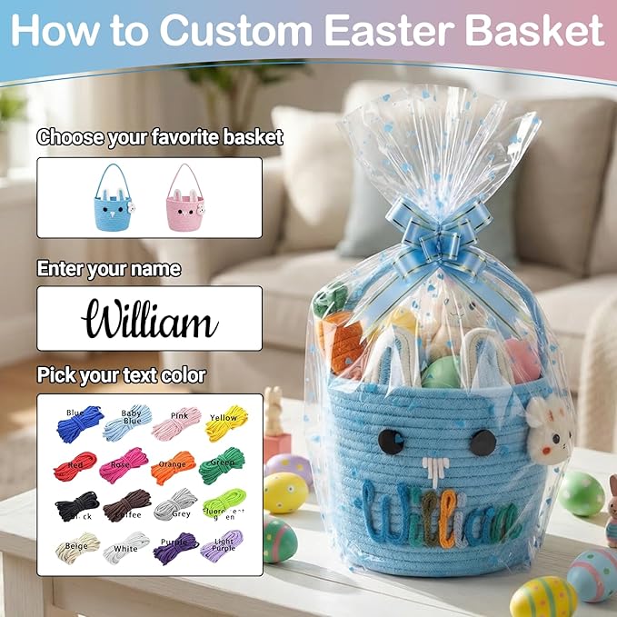 Personalized Easter Baskets for Boys Girls with Bunny Bracelet, Cute Bunny Custom Easter Basket for Baby Boy Girl with Colorful Rope Embroidered Name for Egg Hunts (Cute Bunny Emoji)