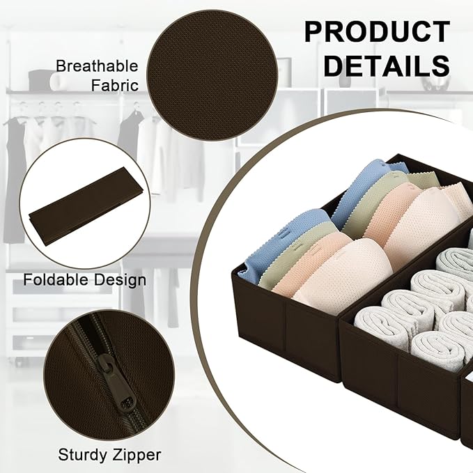 DIMJ Drawer Organizer Clothes, Underwear Drawer Organizer, Set of 4 Foldable Closet Drawer Bins, Fabric Drawer Dividers for Baby Clothes, Socks, Belt, Tie (Brown)