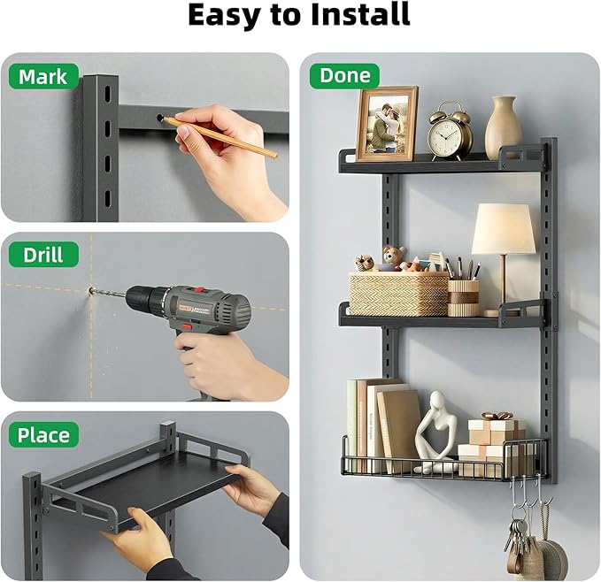 3 Tier Bathroom Shelves Over Toilet - Wall Mounted Floating Shelves with Drain Basket, Toilet Paper Storage, Height Adjustable Over The Toilet Storage, Pure Black