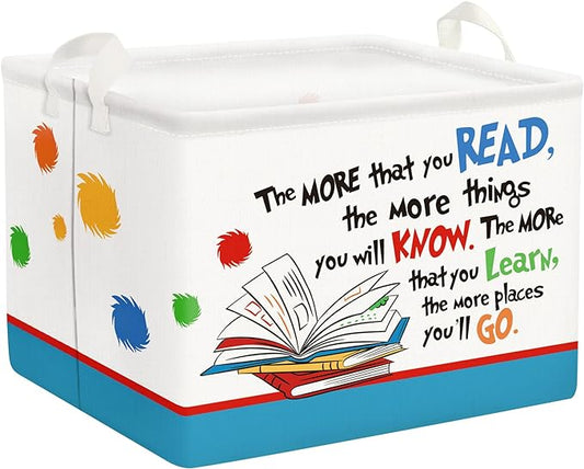 Clastyle Collapsible Back to School Reading Book Storage Basket Dr Quotes Book Organizer for Nursery Room Classroom Library Rectangle Kindergarten Daycare Clothes Toys Storage Bin