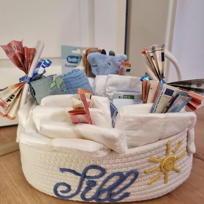 Personalized Baby Name Basket with Handles,Custom Diaper Caddy Cotton Rope Basket,Baby Stuff Organizer Storage Bin for Nursery Toy Room Bedroom Bathroom (L)
