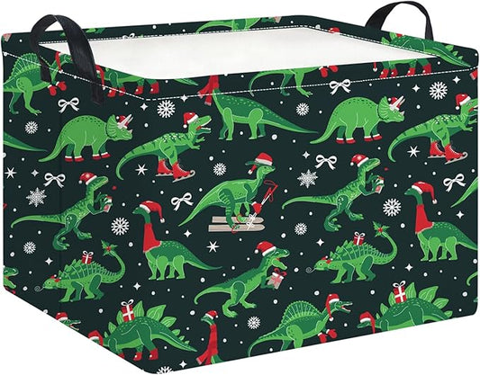 Rectangle Storage Basket with Handles,Collapsible Storage Bin,Books Box,Gift Basket(Dinosaur Christmas)