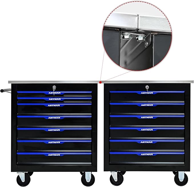 7 Drawers Rolling Tool Chest Cart PLUS ,Tool Storage Cabinet With 4 Wheels.Tool Cabinet Trolley With Locking System and Stainless Steel Countertops.Tool Storage Cart for Garage,Workshop,Warehouse