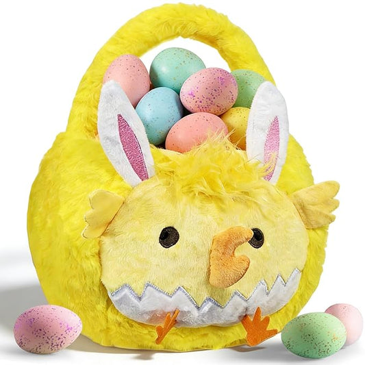 2026 chick Plush Baskets Easter Basket, Easter Egg Hunt Buckets, Easter Decorations Indoor Outdoor, Cute Easter Gifts for Kids, Adults, Teens, Toddlers, Girls