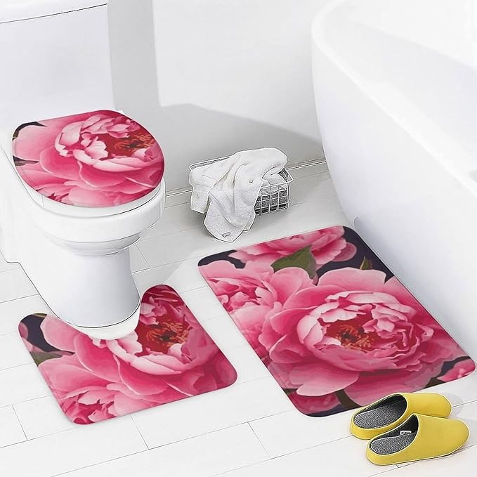 4 Piece Bathroom Rug Set with Shower Curtain, Non-Slip Bath Mat Toilet Cover Set, Peony Flowers Bathroom Rug Sets