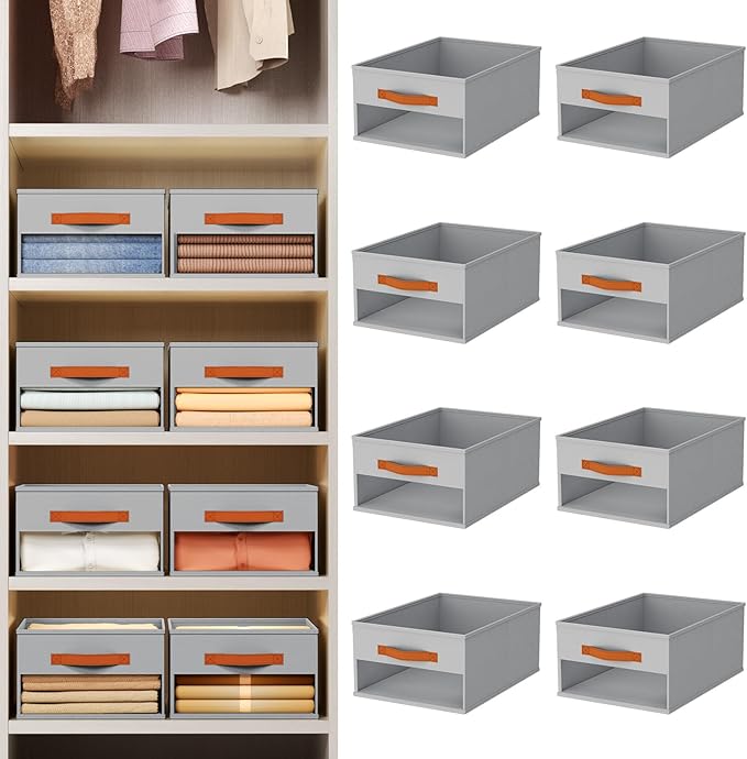 Closet Organizers and Storage - 8 Pack Storage Bins Baskets for Organization Foldable Closet Organizer with Clear Window & Handles for Clothes, Toys, Towels, Small Essentials (Grey)