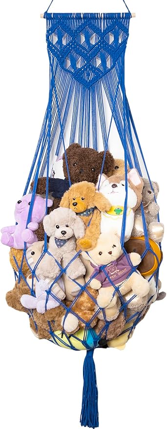 Stuffed Animal Hammock Wall Hanging Net for Stuffed Animal Net Stuffed Animal Storage Plush Toy Holder Toy Organizer for Boho Kidroom Nursery (Blue)