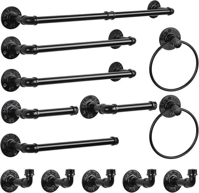 13-Pieces Towel Bar Set Black Bathroom Hardware Set Industrial Pipe Bath Towel Rack Accessories Kit Wall Hand Towel Bar, Toilet Paper Holder, Towel Ring, Robe Towel Hooks, Kitchen Tissue Paper Hanger