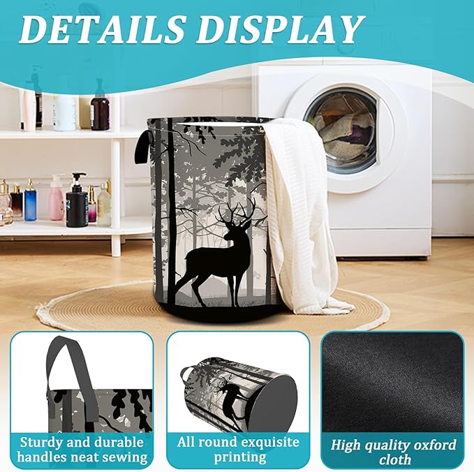 Deer Pine Tree Laundry Basket, Foggy Forest Laundry Hamper Foldable Waterproof Funny Tote Bag Dirty Clothes Storage Bucket Toy Organizer for Bathroom/Laundry/Bedroom 15.7"x19.6"