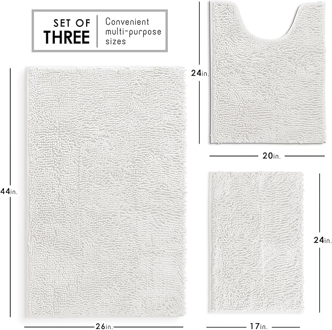Hearth & Harbor Bathroom Rugs, Chenille Bath Mat - Machine Washable Bath Mats for Bathroom Non-Slip Backing Rubber, Quick Dry Mat - White Bath Rug, 17x24-26x44-20x24