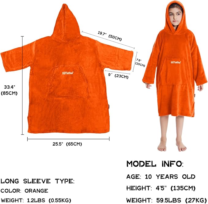 Hiturbo Kids Towel Changing Robe: Soft Plush Wearable Blanket - Warm Coral Fleece Hoodie - Swim Surf Poncho for 5-12 Years (Orange)