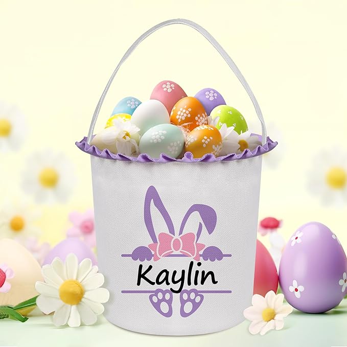 Easter Baskets for Girls Boys, Personalized Easter Basket with Name - Purple Bow Bunny