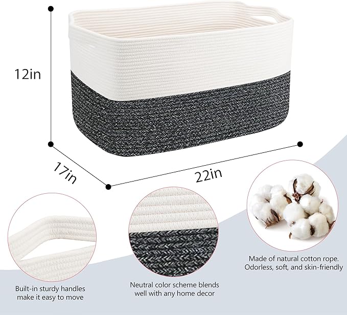 Extra Large Toy Box, 22" x 17" x 12" Rectangle Blanket Basket Living Room, Woven Cotton Rope Baskets for Storage, Soft Toy Storage Organizer Bin Chest, Kids Toy Box fo Living Room