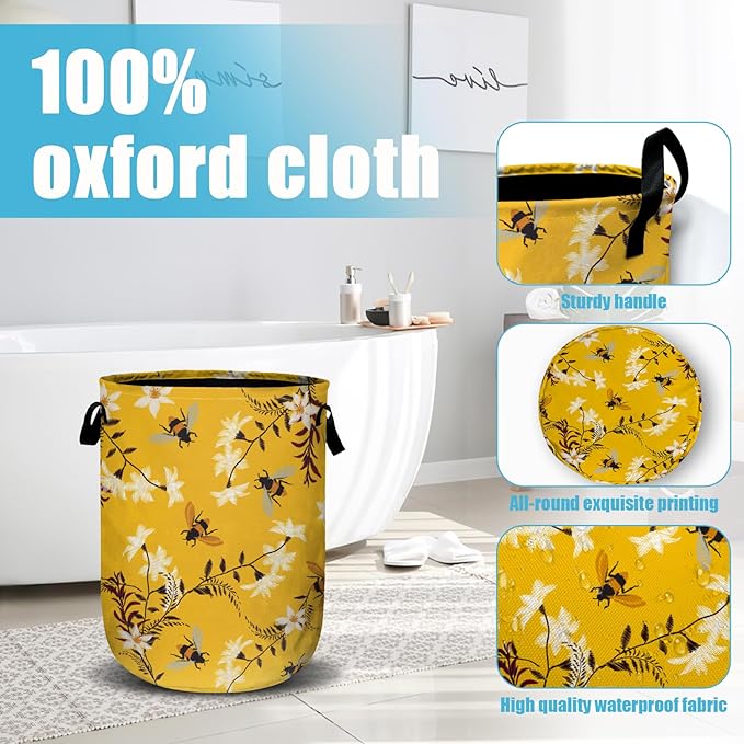 Bee Flower Laundry Basket, Spring Floral Laundry Hamper Collapsible Oxford Cloth with Handle Clothes Toy Storage Bin for Bathroom Laundry Room Bedroom 15.7 X 20 Inch