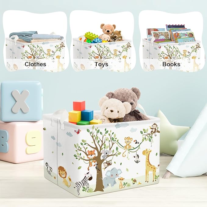 Clastyle 36L Woodland Vine Animal Tree Nursery Decor Baby Basket Collapsible Rectangle Giraffe Monkey Tiger Clothes Toy Book Shelf Basket