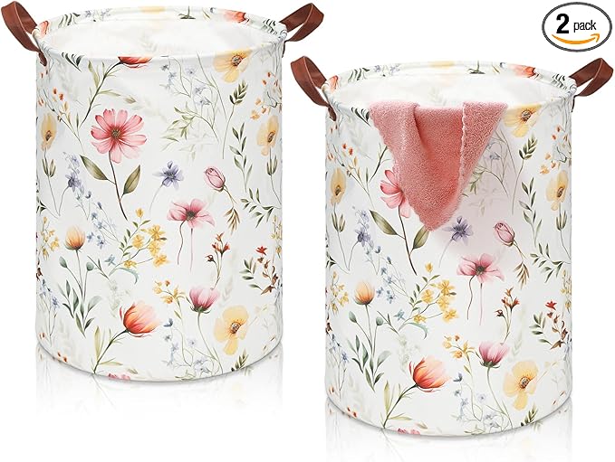 2 Pcs Wildflower Laundry Basket Coquette Storage Basket for Girls Nursery Hamper with Handles Foldable Waterproof Collapsible Storage Bin Organizer for College Dorms Bathroom