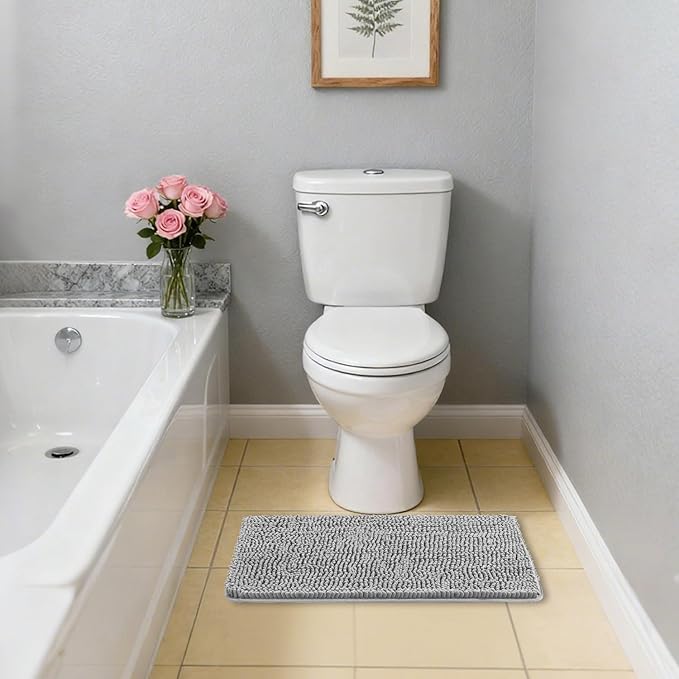 Gray Bathroom Rugs 17"x24" - Plush Chenille Non-Slip Bath Mat - Absorbent, Washable, Soft and Thick Decor for Shower, Sink, Kitchen, Tub, Home Accessories