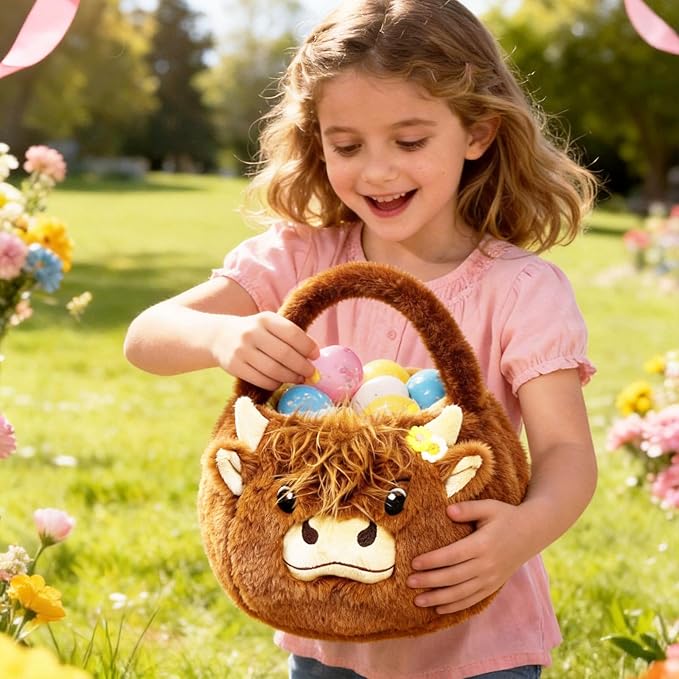 2026 Highland Cow Plush Baskets Easter Basket, Easter Egg Hunt Buckets, Easter Decorations Indoor Outdoor, Cute Easter Gifts for Kids, Adults, Teens, Toddlers, Girls