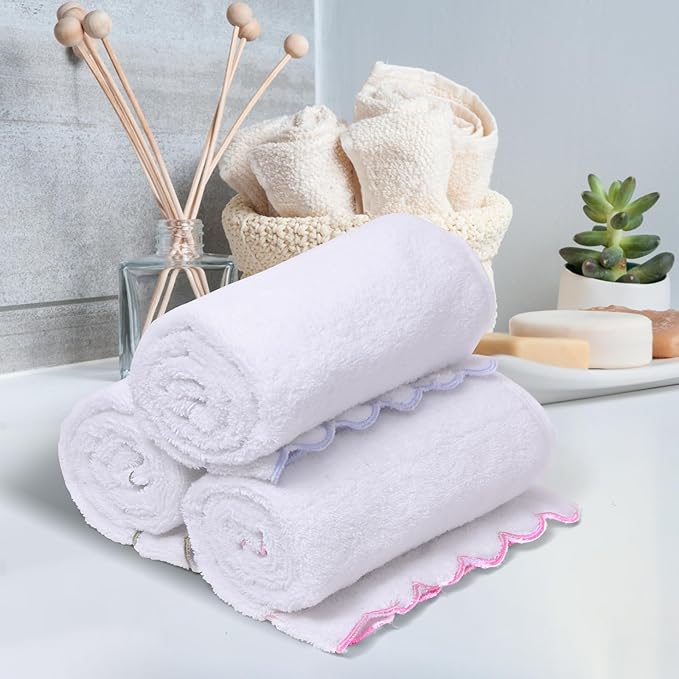 100% Cotton Hand Towels for Bathroom 2 Pcs Scalloped Hand Towels 16 * 27 Inch Embroidered Decorative 600 GSM Soft Absorbent Bath Towel for Spa Yoga Hotel Sport (Pink)