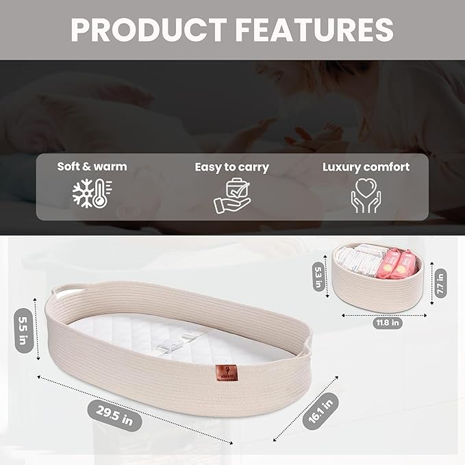 SOSA & CO Baby Changing Basket with Diaper Changing Pad Soft & Waterproof Dual-Cover Moses Baskets and Neutral Muslin Sheet - Diaper Changing Station - Cotton Rope Basket