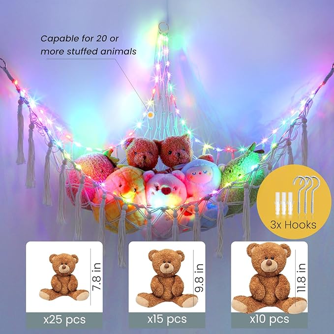 Stuffed Animal Hammock 75LEDs, 20 Colors Warm White 55in Extra Large Storage Macrame Hammock with Remote, USB Powered Hanging Plush Animal Net for Kids Bedroom Doll Room Corner Organizer(XL)