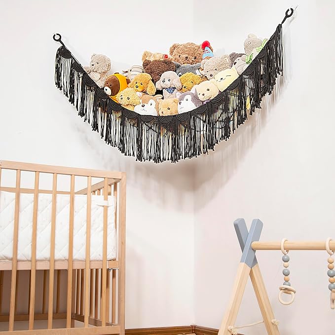 Stuffed Animal Hammock Corner Hanging Net for Toy Organizer Playroom Stuffed Animal Toy Hammock Macraem Toy Display Plush Toy Holder for Bedroom (Black)