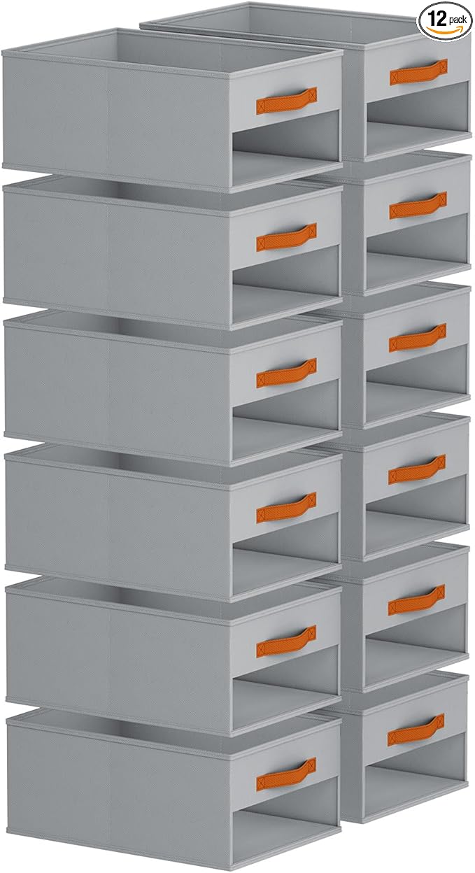 Closet Organizers and Storage - 12 Pack Storage Bins Baskets for Organization Foldable Closet Organizer with Clear Window & Handles for Clothes, Toys, Towels, Small Essentials (Grey)