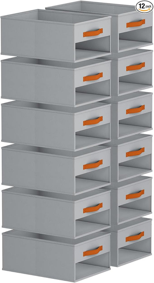 Closet Organizers and Storage - 12 Pack Storage Bins Baskets for Organization Foldable Closet Organizer with Clear Window & Handles for Clothes, Toys, Towels, Small Essentials (Grey)
