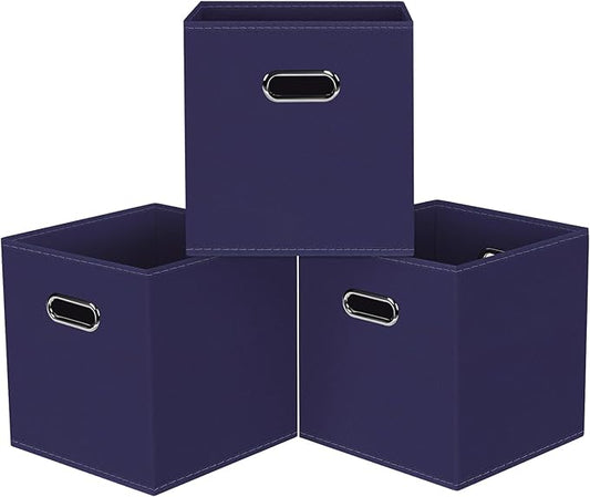 Black Foldable Storage Cubes Bins, Fabric Storage Box Cubes Organizer Baskets with Dual Handles for Home Organizer,Set of 3,(Navy Blue)