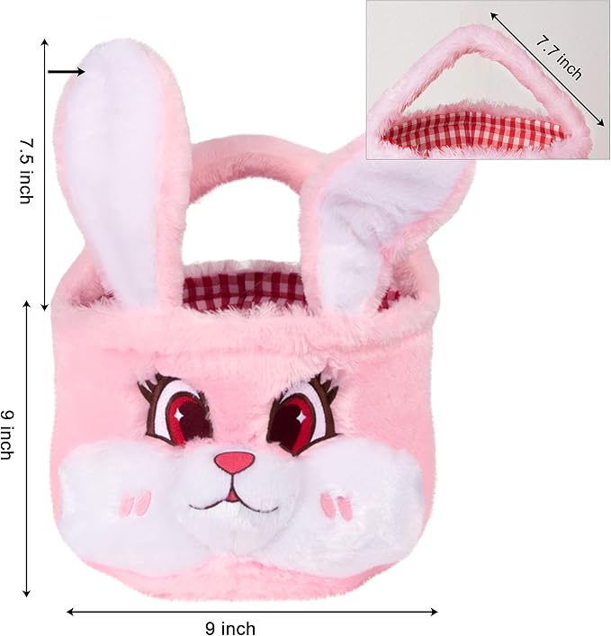 LUBOT Easter Basket for Kids 3D (9inch*9inch) Plush Bunny Baskets with Foldable Ears Egg Hunts bucket for Boys and Girls Easter Decoration Bag Gift, Pink